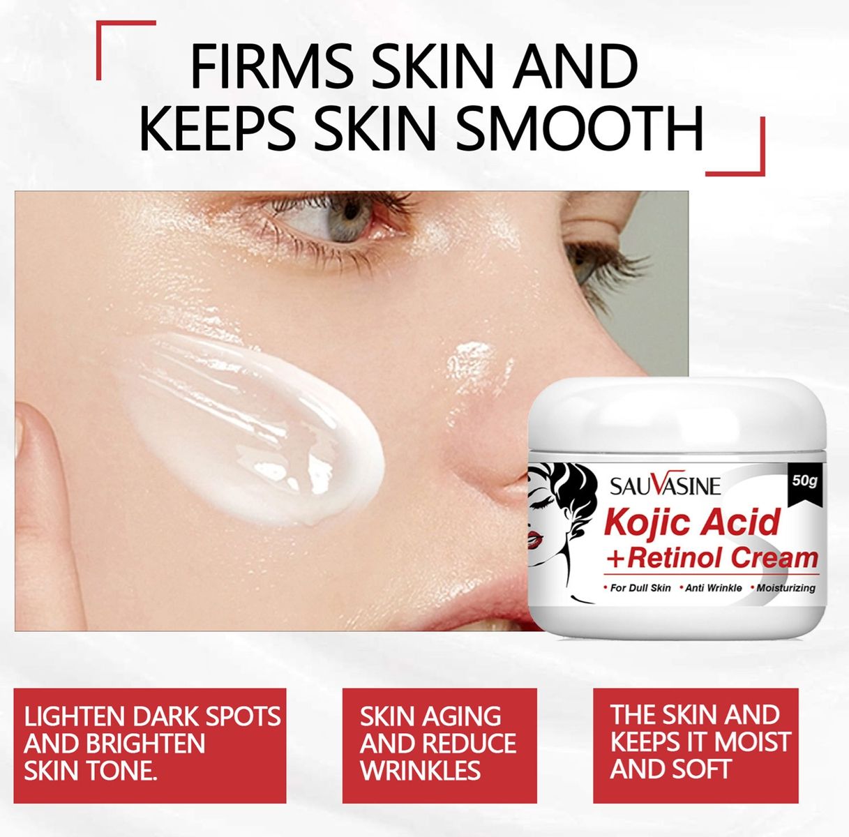 Sauvasine Kojic Acid + Retinol Cream - Anti-Wrinkle Moisturizer for Dull Skin"