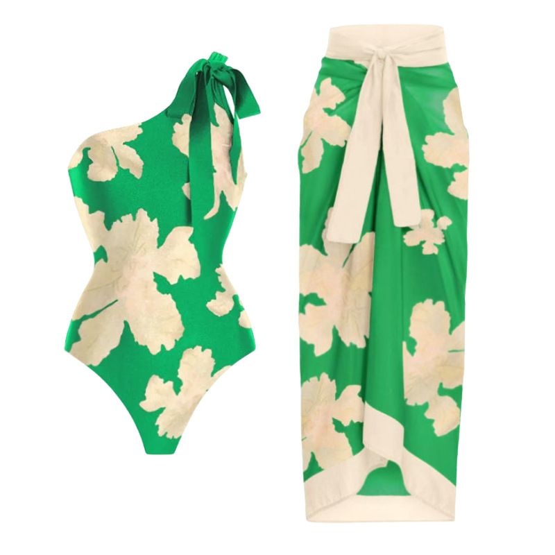 2328/8801 One Piece Swimsuit for Women with Matching Swim Long Skirt Sexy Floral Print Push Up Bathing Suits