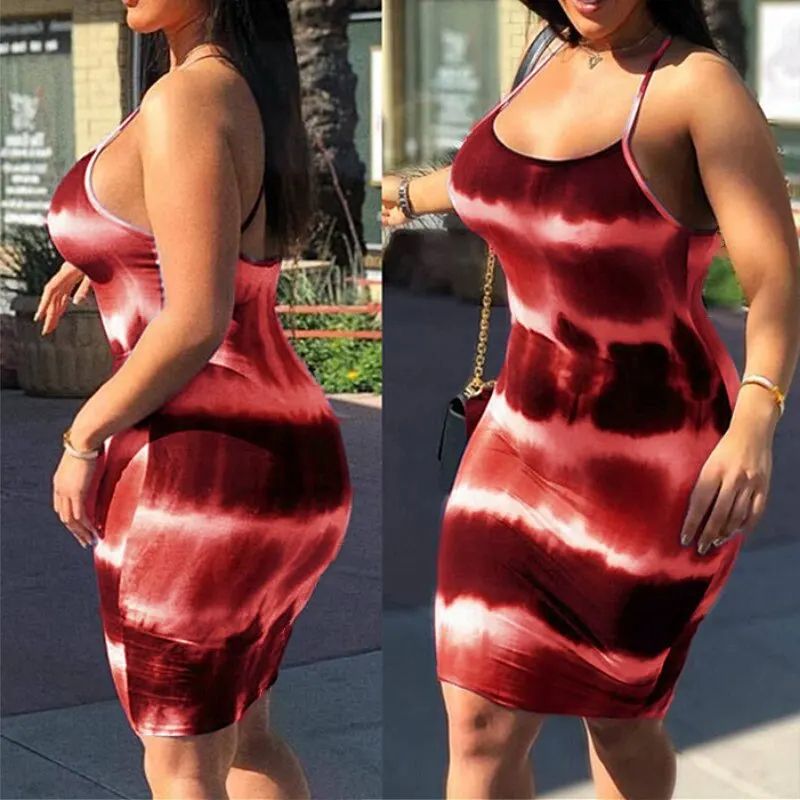 Womans Sexy Fashionable Tiedye Sling Onepiece Dress Sleeveless Elastic Slim Package Hip Short Skirt Daily Life