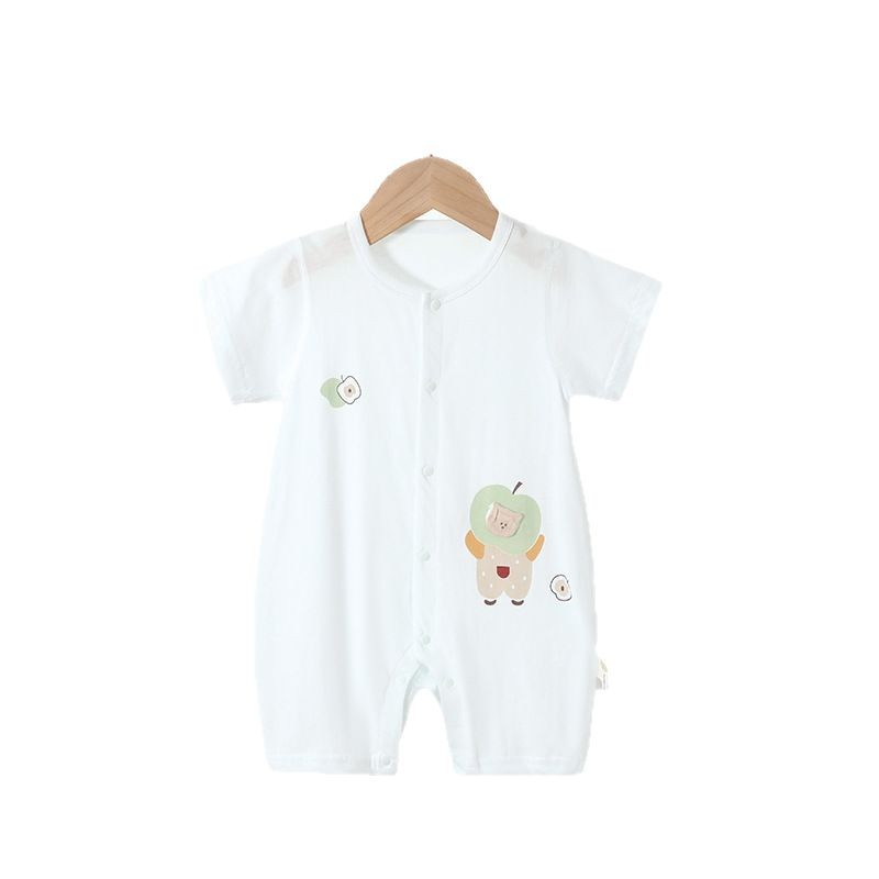 Baby Summer Ice Ceramic Cotton Romper, Short Sleeve No Bone Stitching Onesie, Breathable Infant Jumpsuit with Apple Bear Print, 66-80cmApple Bear (Blue)