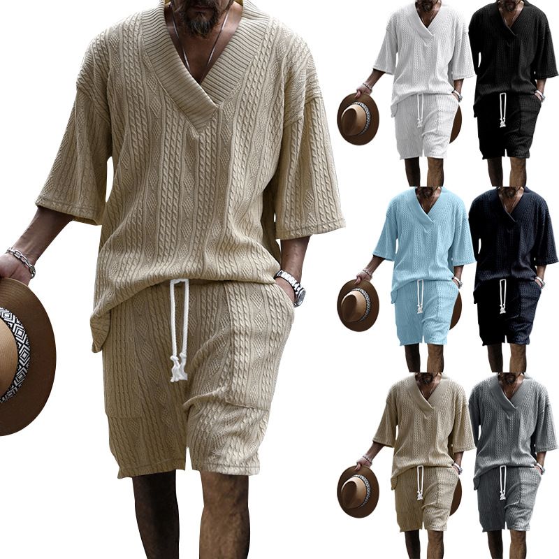 New European American Casual Loose Seven Quarter Sleeve Jacquard Knitted Sweater Top Shorts Men's Clothing Sets Two-Piece Outfits