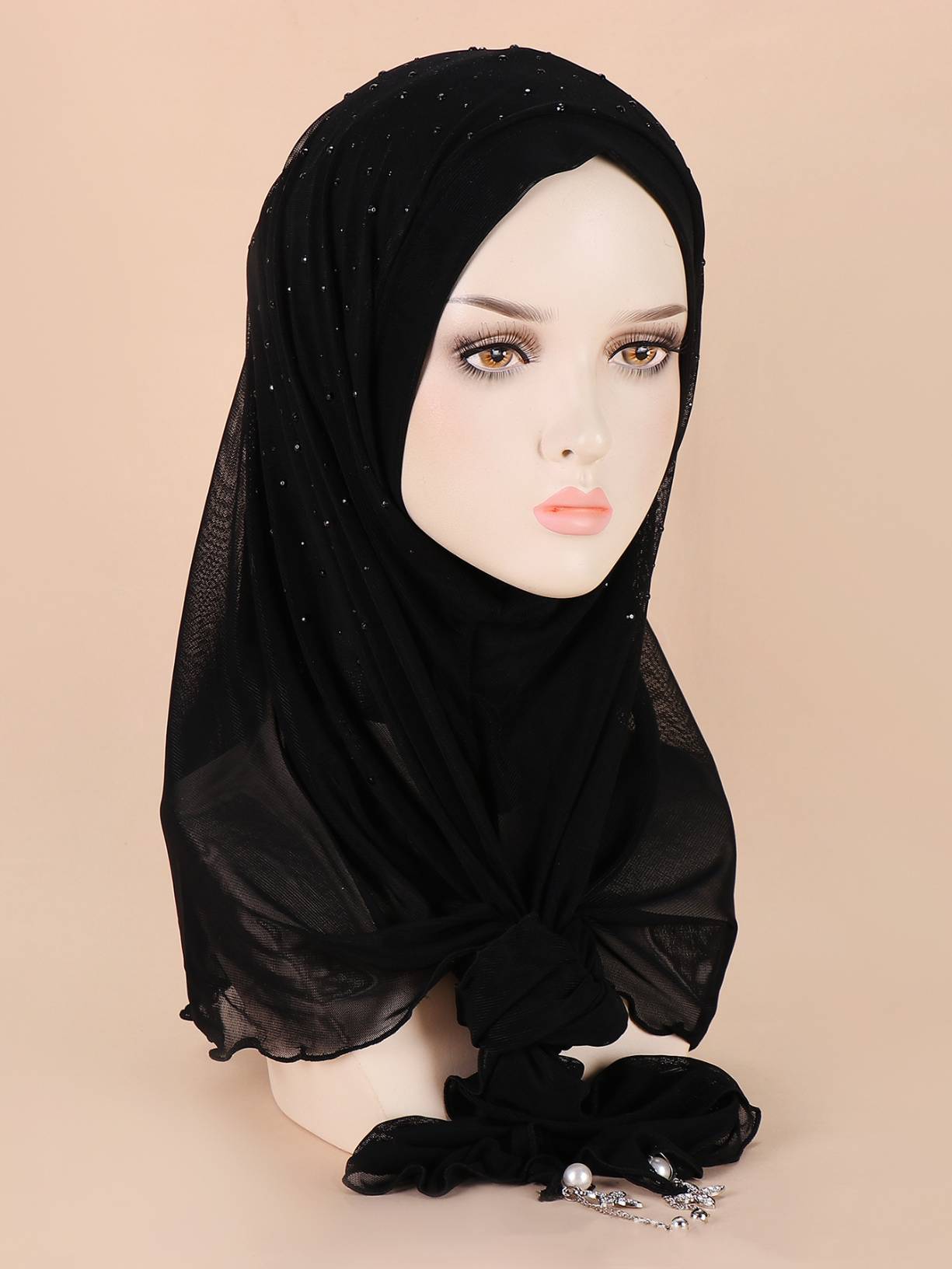 Muslim female headgear hat CRRshop free shipping hot sale Exquisite black tulle with diamond pearl pin pullover hat Muslim cap Malay Indonesian famous ethnic gauze headband headband