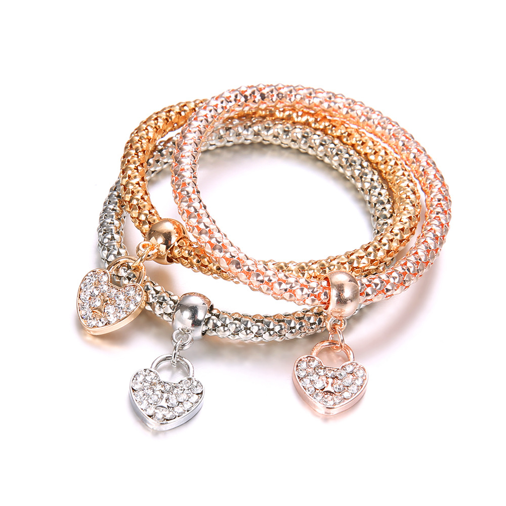 sku2041 women's alloy elastic corn chain three-piece set full of diamond peach heart girl bracelet