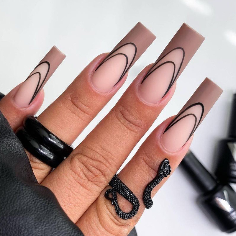 JP1439 24 Pcs Matte Press on Nails, Super Long Coffin French Line Fake Nails, Full Cover Artificial False Nails for Women and Girls