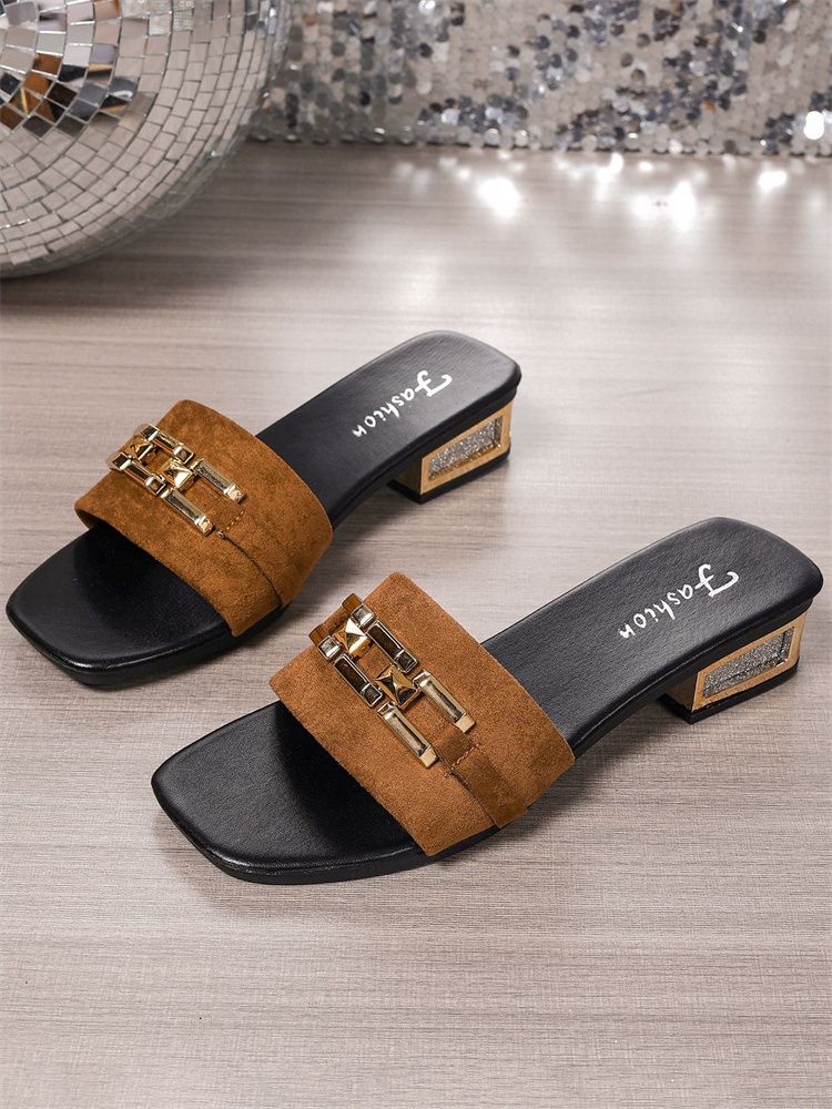 2025 Summer Square Toe Chunky Heel Mules Women's Large Size Chain Decor Low Heel Slide Sandals