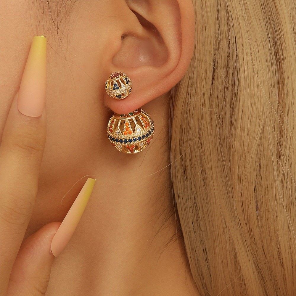 Luxury Heavy Craft Hollow Double Ball Dangle Earrings Gold Silver Plated Multicolor Clear Zircon Inlaid Round Sphere Drop Earring High End Elegant Accessory For Engagement Wedding Banquet Formal Occasion Sparkling Crystal Women Ear Jewelry Ideal Holiday Birthday Gift Ornament For Ladies Daily Evening Party Wear
