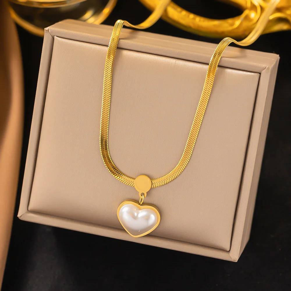 X-217 Stainless Steel Large Heart Pearl Pendant Necklace For Women Fashion Girls Elegant Snake Chain Party Wedding Jewelry Gifts
