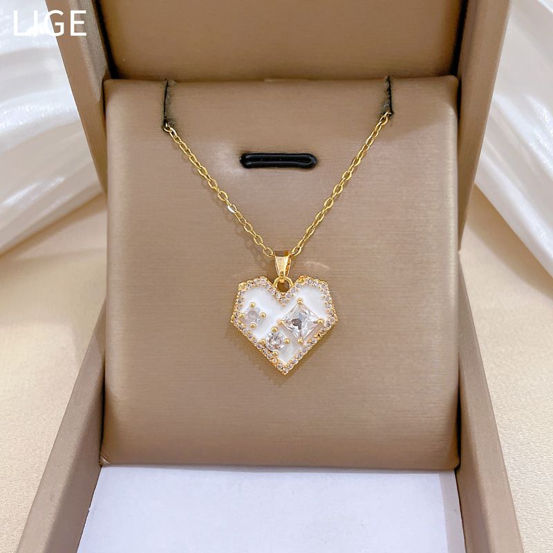 Women White Enamel Heart Pendant Necklace, Inlaid Square Cubic Zircon Border Paved Rhinestone, Titanium Steel Chain Clavicle Necklace, Luxury Elegant Statement Jewelry for Daily Dating Party Ladies Gift
