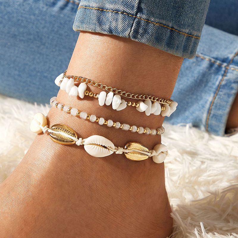 AK23Y0052 Summer Beach Women Anklet Shell Weave Chain Full of Diamond Bee Pendant Multi-Layer Anklet