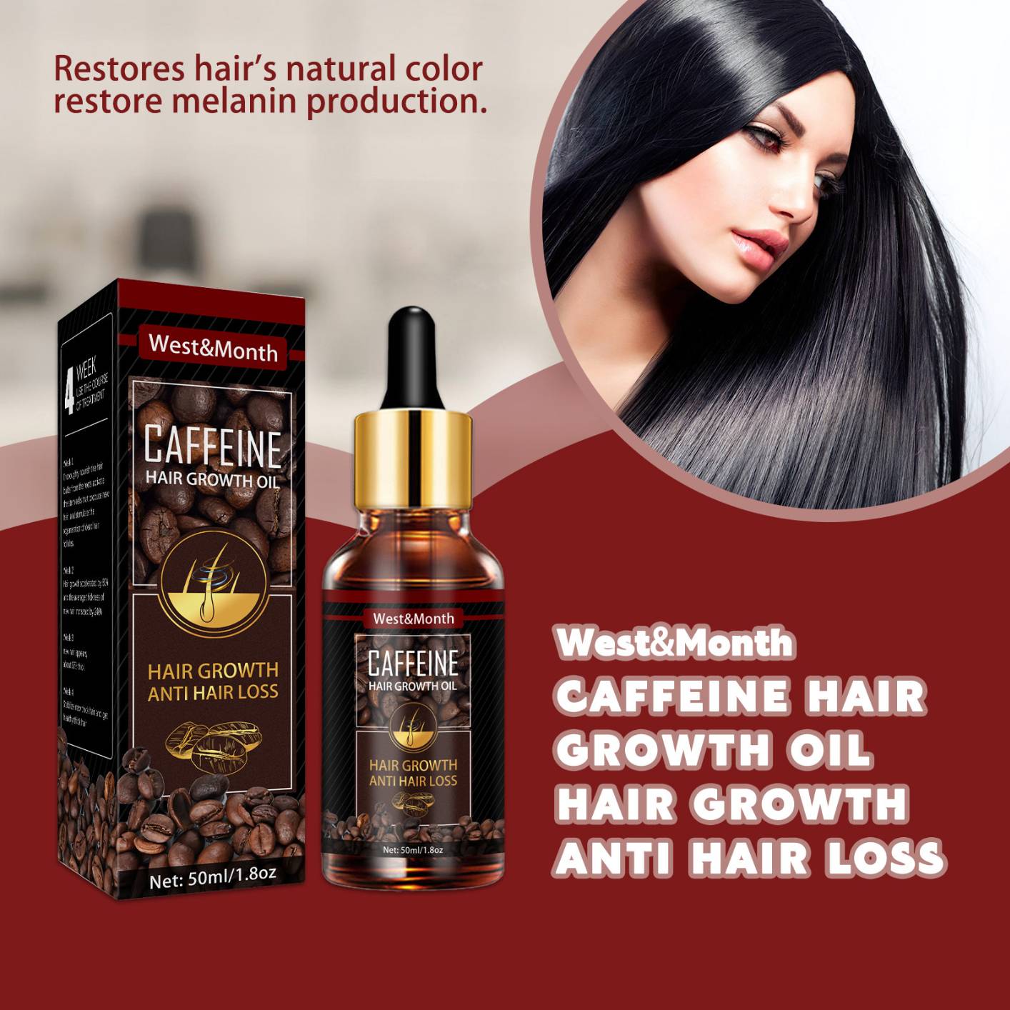 West&Month 50ml Hair Growth Oil Natural with Caffeine, Biotin and Castor, Hair Essential Oil for Hair Care Nourishing and Softening