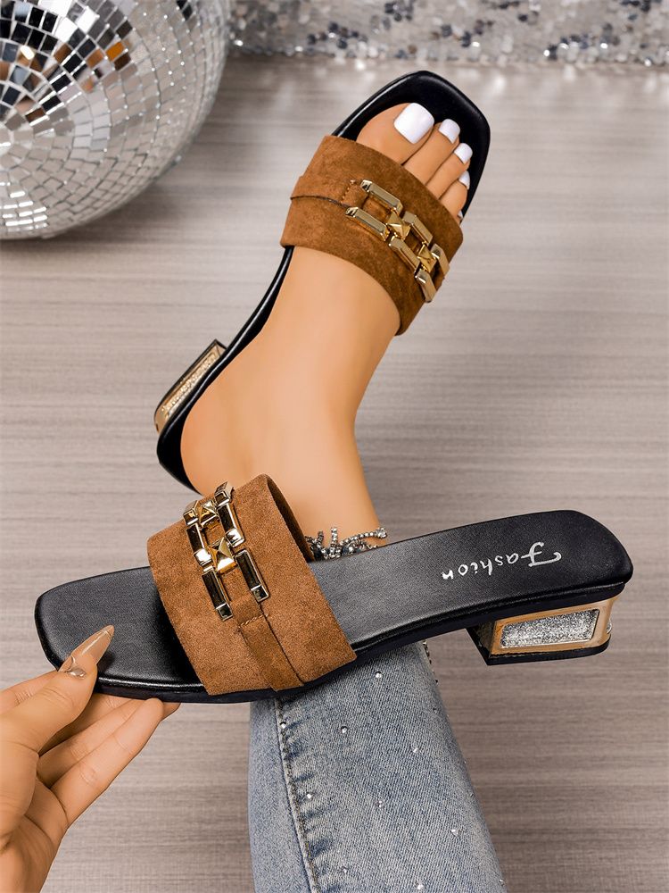 2025 Summer Square Toe Chunky Heel Mules Women's Large Size Chain Decor Low Heel Slide Sandals