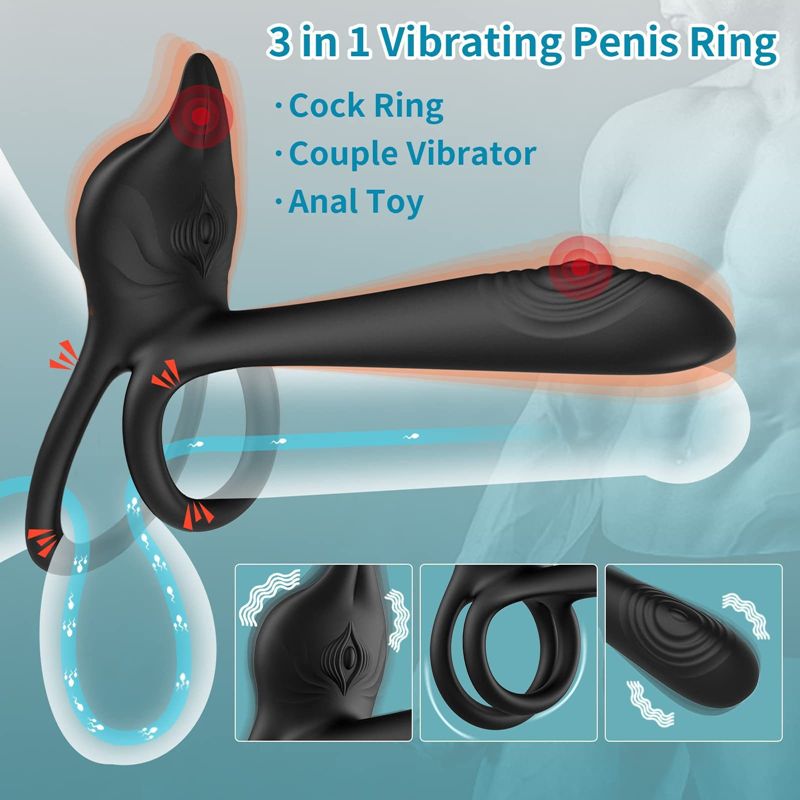 YY943 Vibrating Cock Ring, 3 in 1 Silicone Penis Ring with 10 Vibration Modes G-Spot & Clitoral Stimulator, Couple Vibrator Rechargeable Waterproof Adult Sex Toys with Remote Control for Men or Couples Play