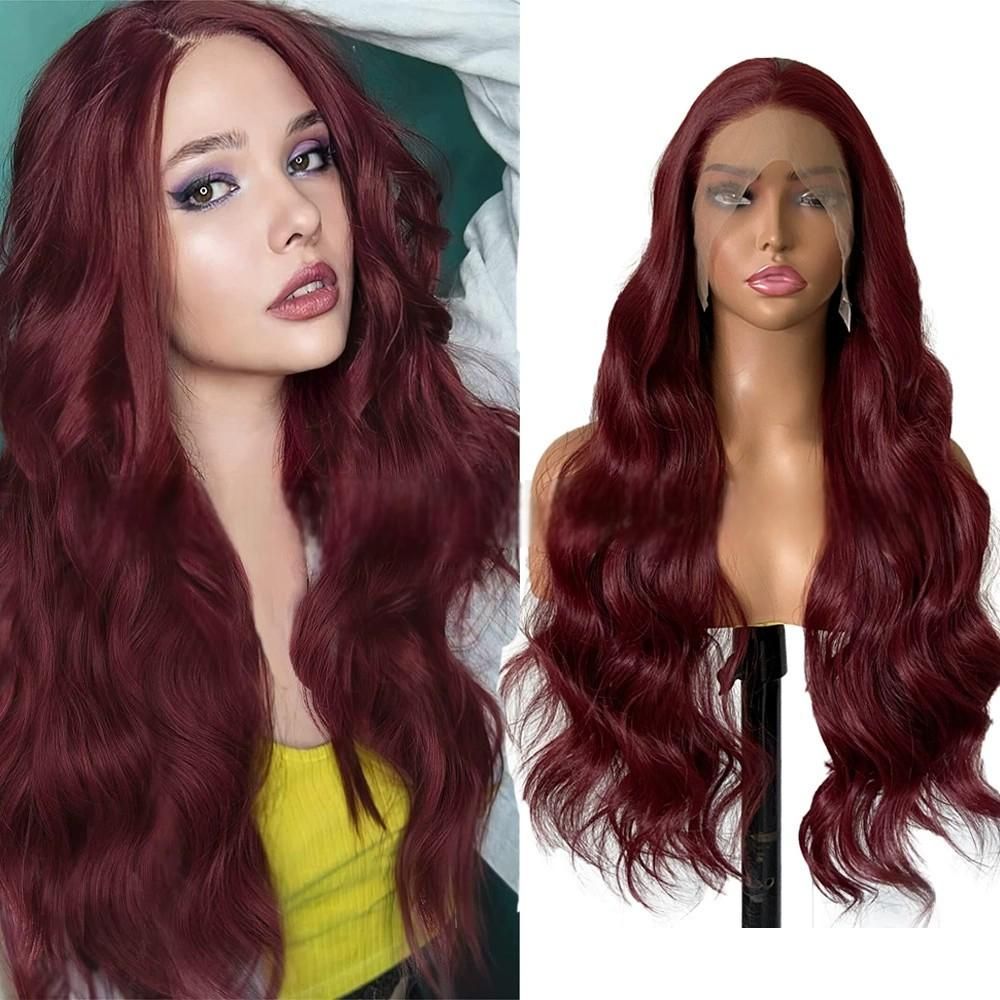 Long Wine Red Wavy Wig for Women 26 Inch Middle Part Human Hair Curly Wavy Wig Natural Looking Synthetic Heat Resistant Fiber Wig for Daily Party Use (Wine Red) 26inch/40CM