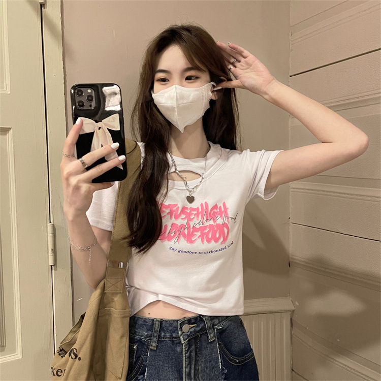 WYP-6791 Women's Fashion Loose Cutout Design Sense Printed Slim Slim Cropped T-shirt