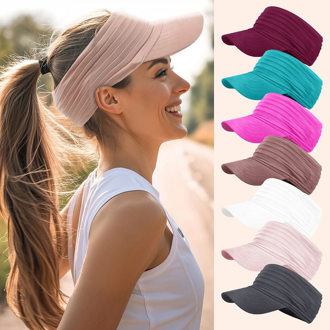 Women's Summer Pleated Wide Brim Sun Visor Hat, UV Protection Breathable Quick Dry Sport Visor for Running Golf Tennis, 11 Colors Available