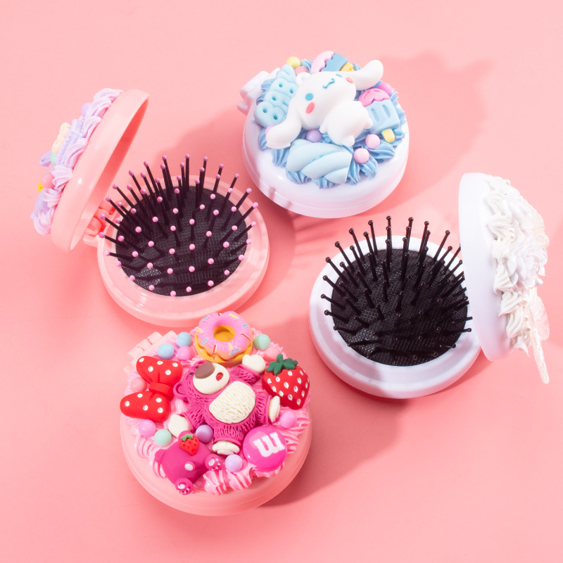 Cartoon Cute Super Cute Mirror Comb One Piece Mini Portable Portable Air Cushion Airbag Comb Cream Gel Comb One Piece Mirror Material Package DIY Material Makeup Mirror