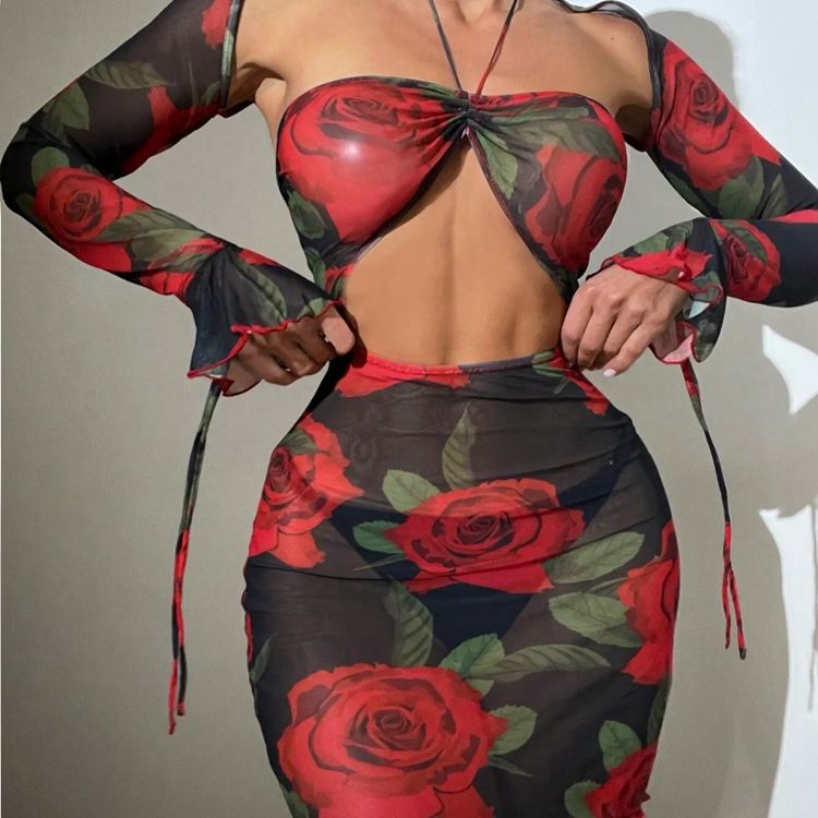 Ladies Dress Blouse Custom Floral Print Sexy Three-piece Sunscreen Shirt Beachwear