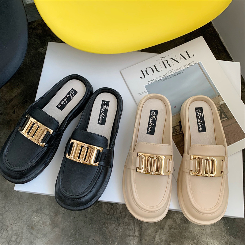 leather loafers Women's round-toe casual shoes Half-slippers for girls platform sandals