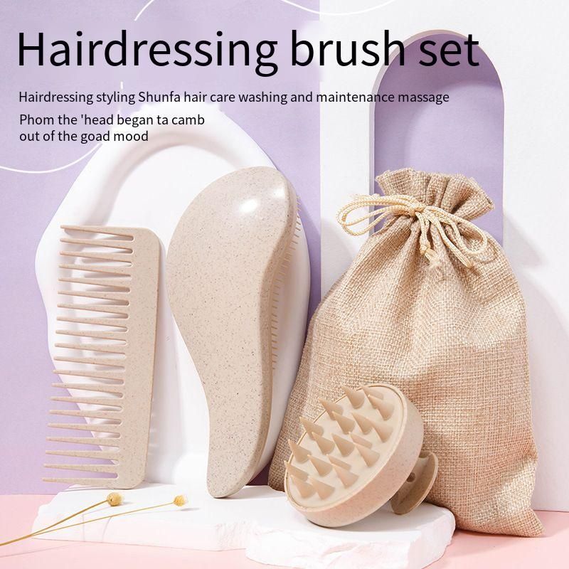 4pcs Wheat Straw Hair Care Comb Set, Wide Tooth Detangler, Massage Brush & Storage Bag, Eco-Friendly Styling & Scalp Care Kit, Anti-Static Combs for Wet/Dry Hair, Gentle Detangling & Scalp Massage Tools for All Hair Types
