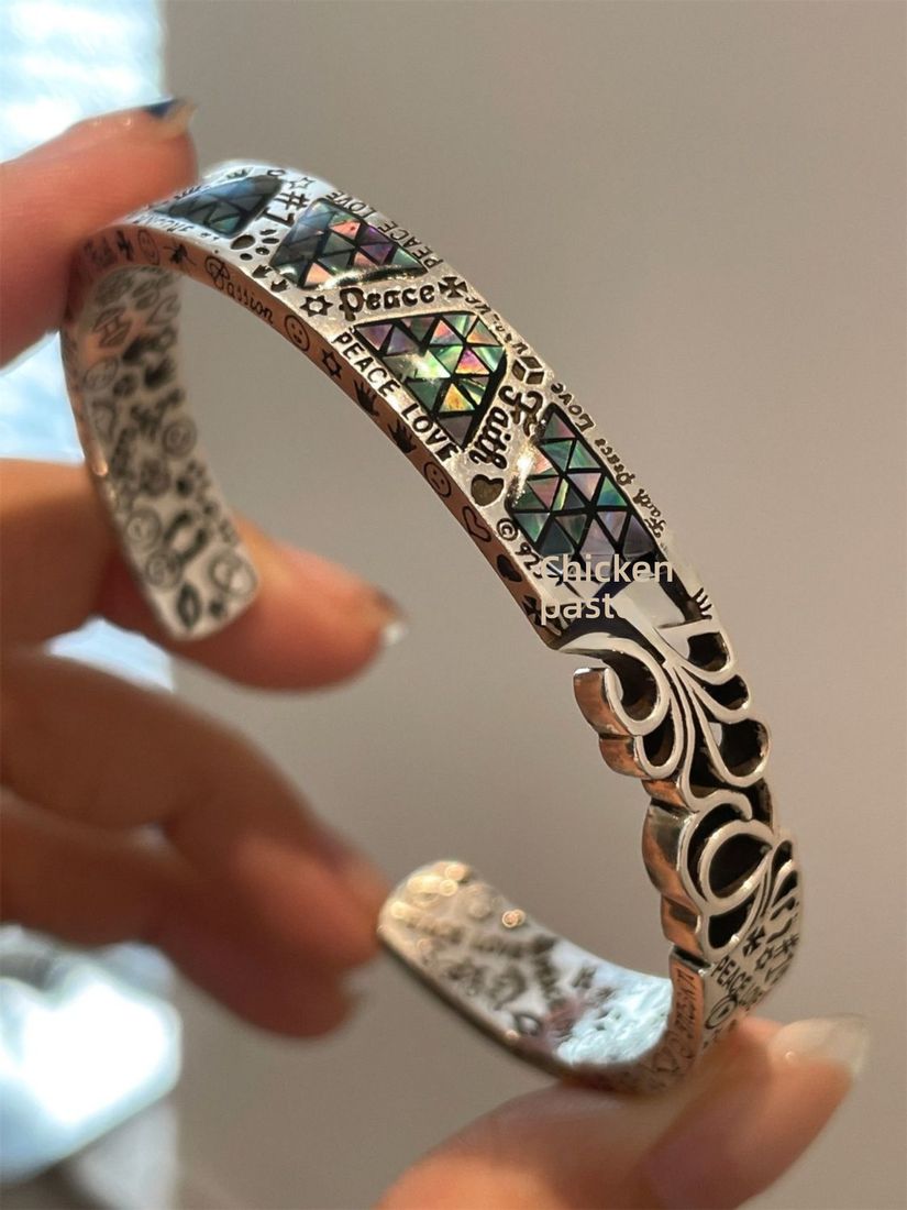 Magnetic Gaming Headset Abalone Bracelet Open Cuff - Iridescent Paua Shell Silver Bangle