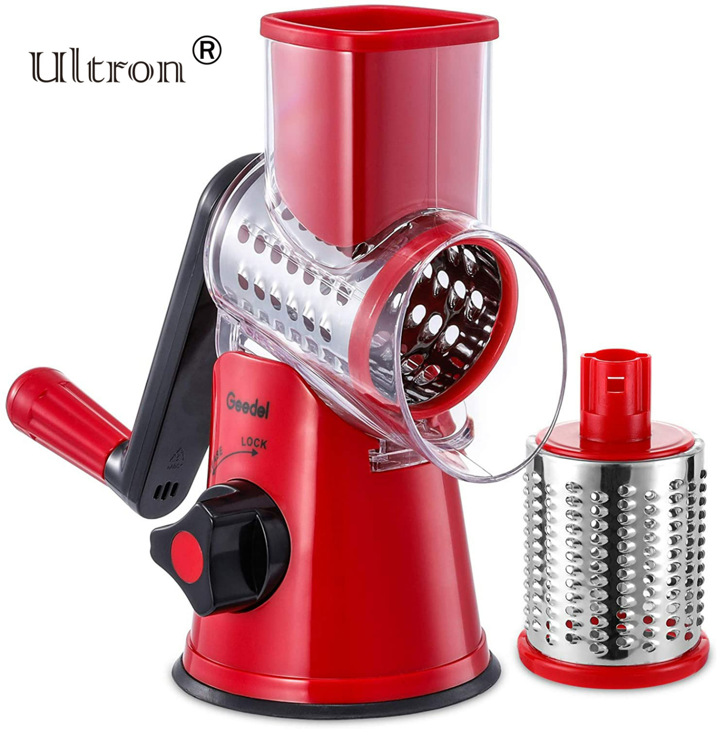 Ultron Rotary Cheese Grater, Kitchen Mandoline Grater with 2 Drum Blades, Easy to Clean Rotary Grater Cheese Shredder for Fruit, Vegetables, Nuts 