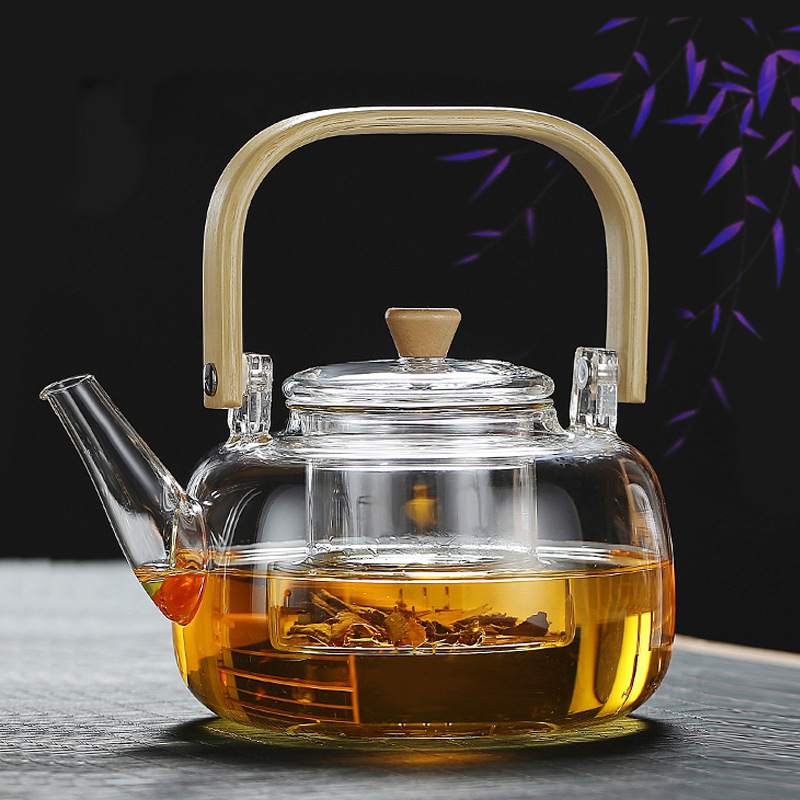 Glass Teapot, Stove Top Safe, Borosilicate Glass Kettle with Removable Infuser, Heat Resistant Wood Handle for Blooming Flower Tea
