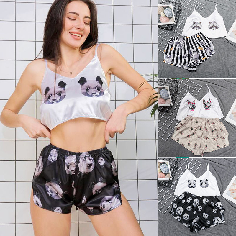 Women's Sexy Silk Satin Pajamas Sets V Neck Cartoon Prints Cami Tops Shorts Sleepwear