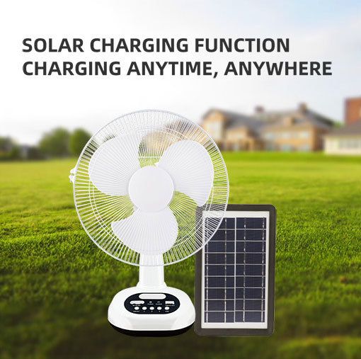 12 inch solar USB rechargeable fan moving head with lamp table fan, silent and eco-friendly