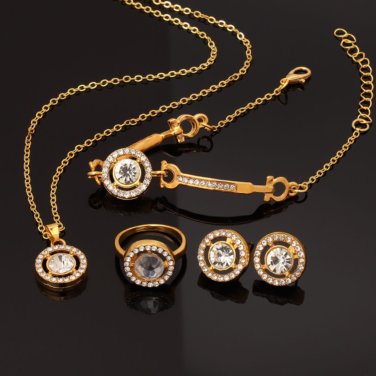 Four piece set of women's fashion, creative temperament, personality, diamond inlaid bracelet necklace, earring ring