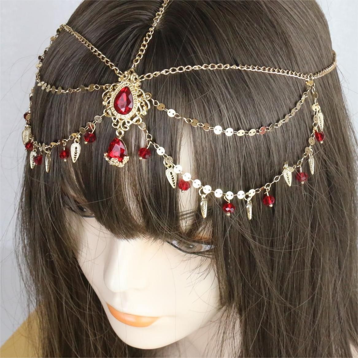 Women's Retro Red Drop-Shaped Pendant Hair Ornament Multi-Layer Tassel Hair Ornament