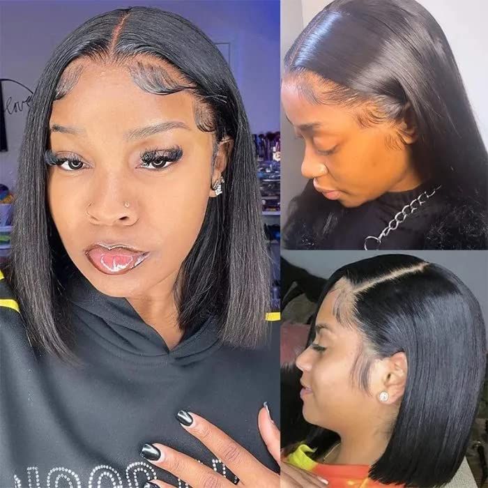 Premium Bob Wig Real 100% Human Hair 180% Density 10 Inch Heat Resistant for Styling, Durable for Repeated Washing & Styling with Baby Hair 180% Density Short Bob Wigs for Women Straight Bob Frontal Wigs Natural Black-Brown (10inch)