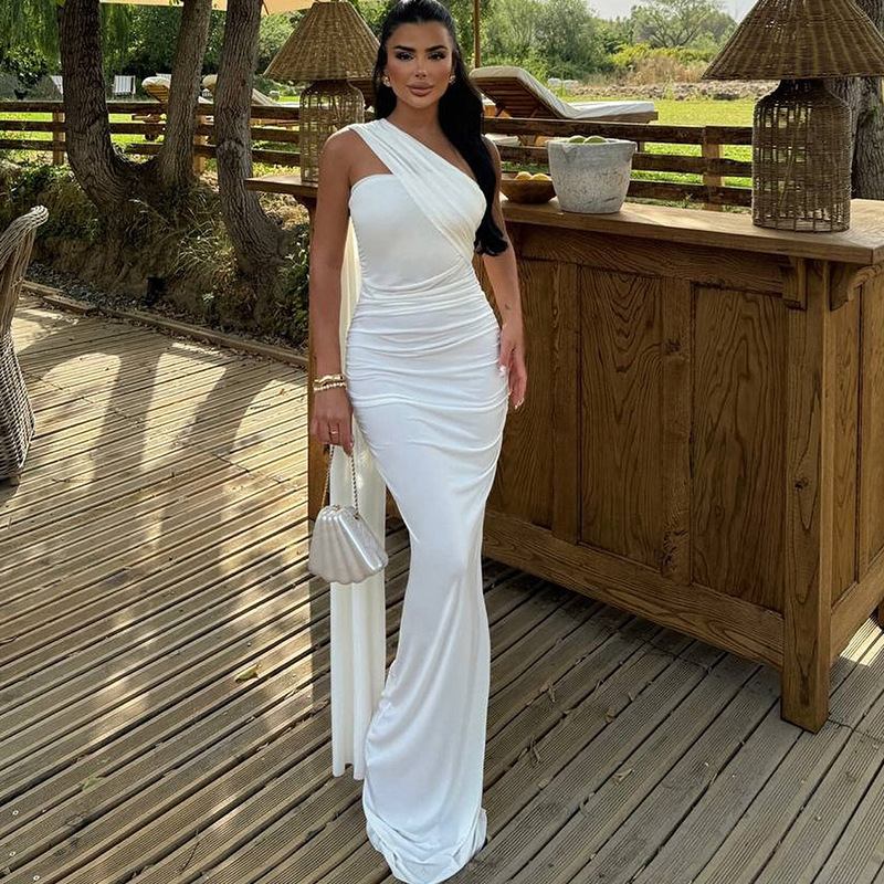 Women's solid color halter-neck dress sexy halter ribbon slit temperament long dress
