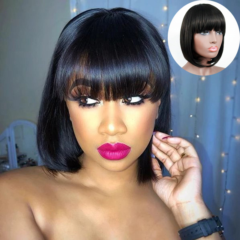 741 13 Inches Straight Heat Resistant Short Bob Hair Wigs with Flat Bangs for Women Cosplay Daily Party