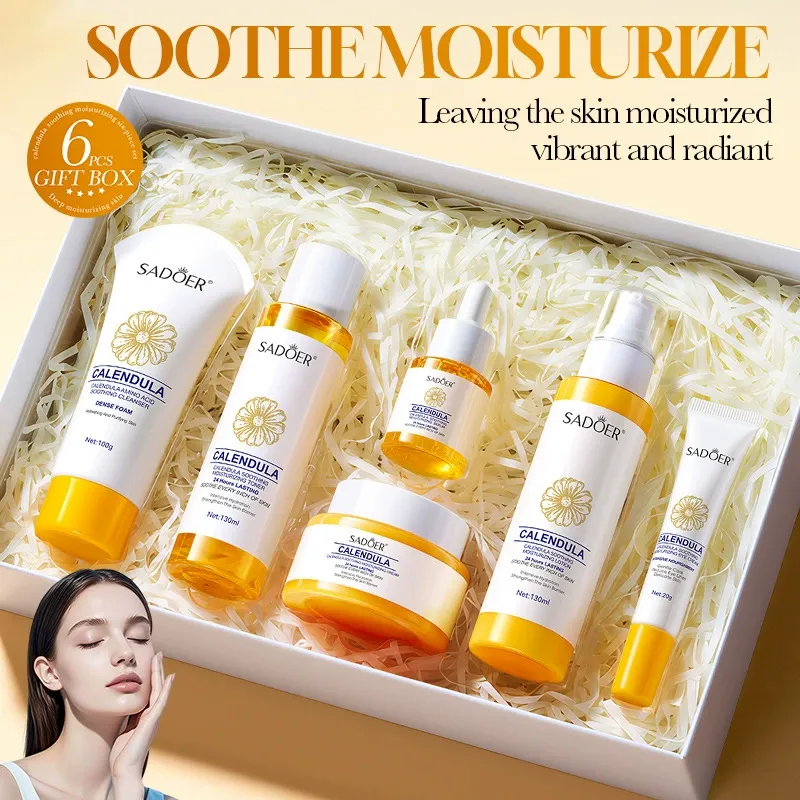 Calendula Soothing & Moisturizing 6-Piece Skincare Set for Sensitive Skin, Repairing & Stabilizing Facial Care Kit with Cleanser, Toner, Serum, Lotion, Cream and Eye Cream, Hydrating & Calming Skin Care Gift Set
