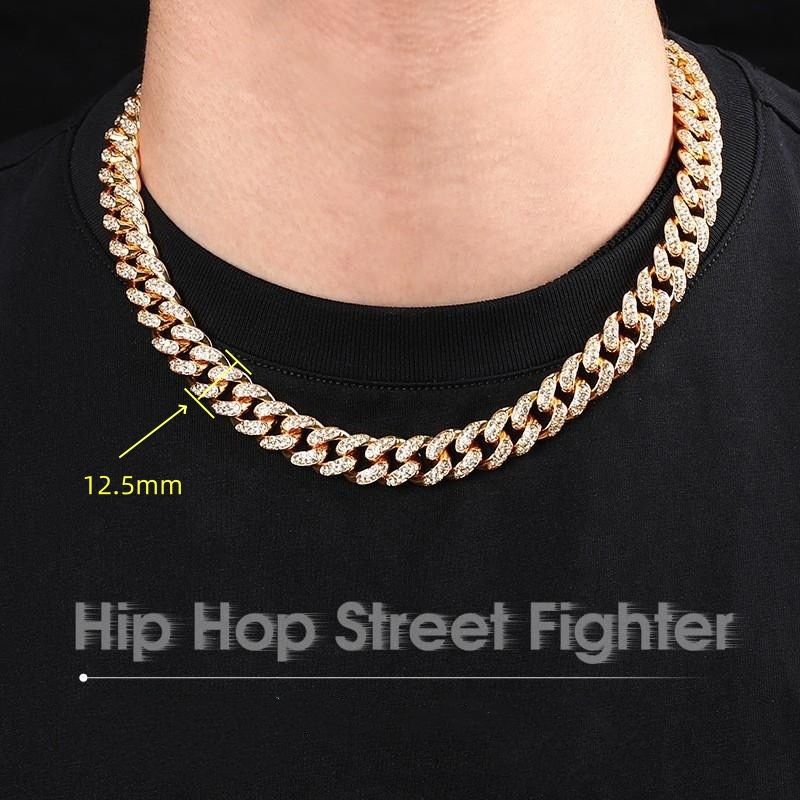 Hip hop domineering 12.5mm wide, fully diamond studded large gold chain Cuban chain necklace Gold necklace ，Cuban Chain ，Bracelet