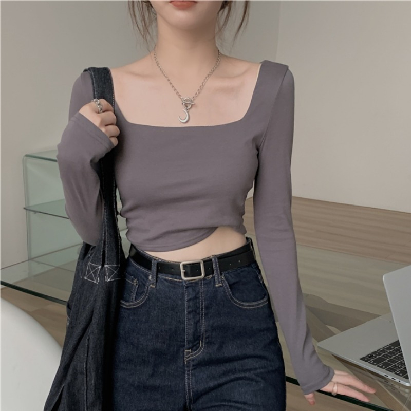 WBX-T0036 Women's Versatile Casual Square Neck Design Sense Short Square Neck French Tight Long Sleeve T-shirt