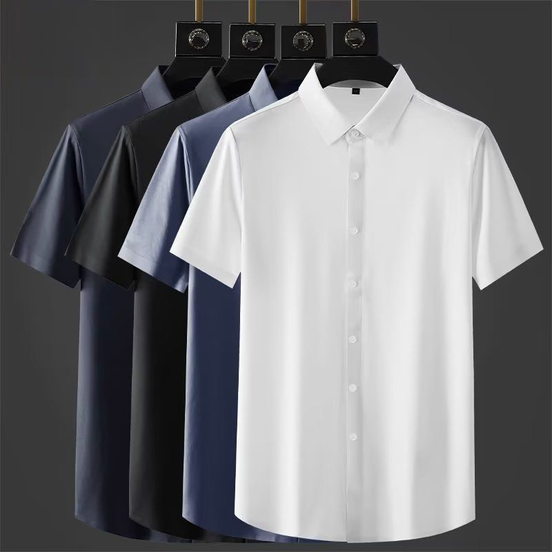 Men's Ice Silk Short Sleeve Shirt, Summer Thin Wrinkle-Free No-Iron Business Dress Shirt, Breathable Elastic Slim Fit Casual Formal White Shirt, Advanced Solid Color Office Work Tops