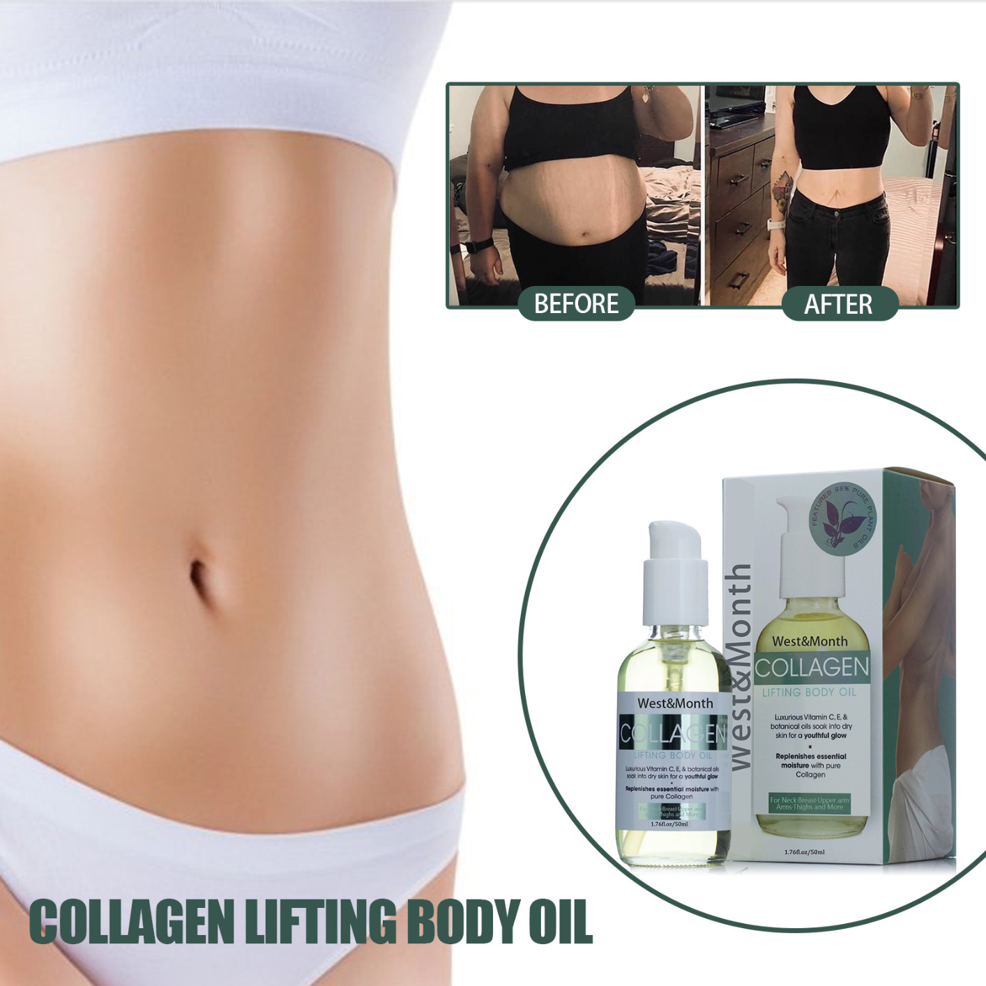 West&Month Collagen Lifting Body Oils Tightening Breast Buttock Moisturizing Shape Abdomen Improve Firming Skin Repair Slim Down Care Oil
