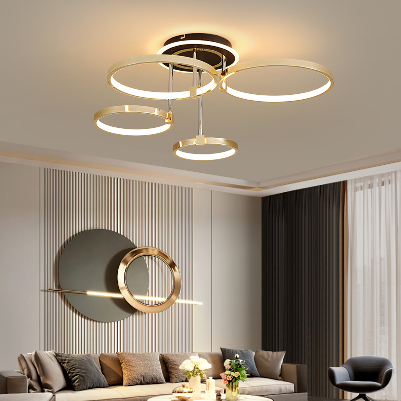 LAGPOUSI Nordic creative round chandelier bedroom living room dining room lighting golden chrome halo ceiling lamp