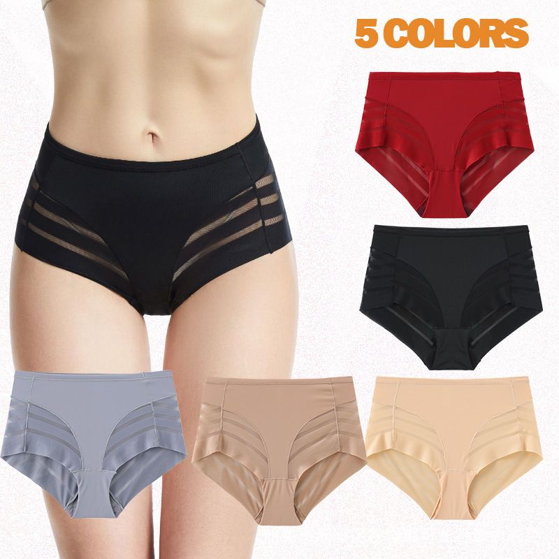 Women Striped Sheer Mesh Mid Rise Briefs High Elastic Plus Size Underwear Soft Comfort Tummy Control Shaping Panties Sexy Transparent Net Ladies Underpants