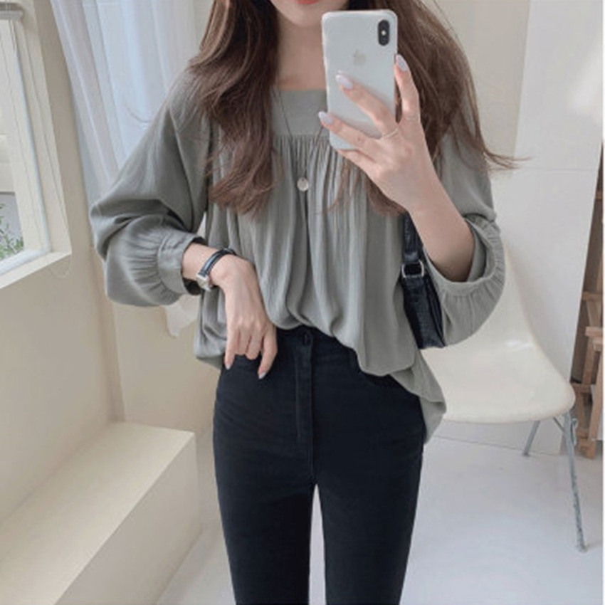 R1144-16-1040 Women's Spring New Solid Square Neck Shirt Loose Bubble Sleeve Top
