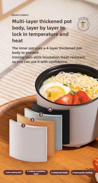 DISI multifunctional electric cooking pot with steamer, two levels of firepower,portable cookware,stew,boil,saute,fry,steam,1.5L