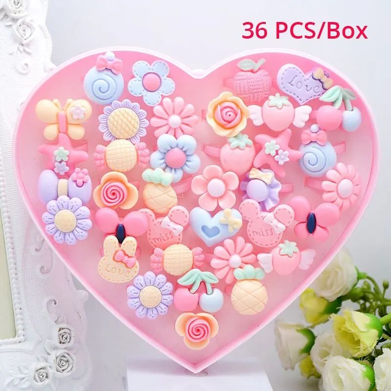 36Pcs Kids Cute Rings Resin Cartoon Jewelry Flower Shape Adjustable Ring Set Creative Accessories Girl Gifts