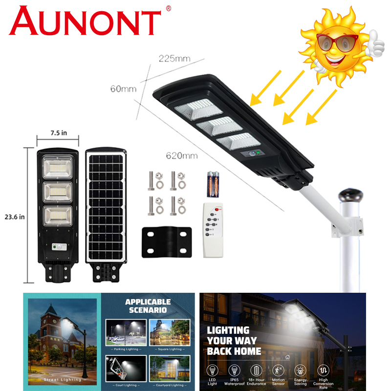 AUNONT 90W integrated intelligent sensor solar outdoor street light, easy to install, 180pcs 10000lm LED lamp beads, can emit 30,000 hours, the actual power can reach 120W, with light control solar street light, sensitive PIR motion sensor, LED floodlight IP65 waterproof outdoor lighting , Suitable for street lights, courtyards, gardens, basketball courts
