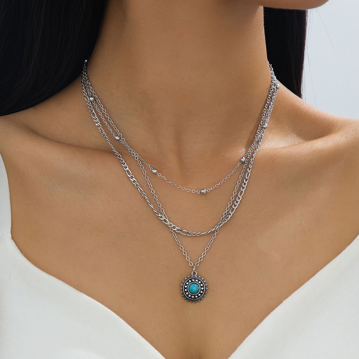 3-Tier Silver Tone Layered Necklace with Faux Turquoise Sun Pendant, Adjustable Beaded & Link Chains for Women, Bohemian Style
