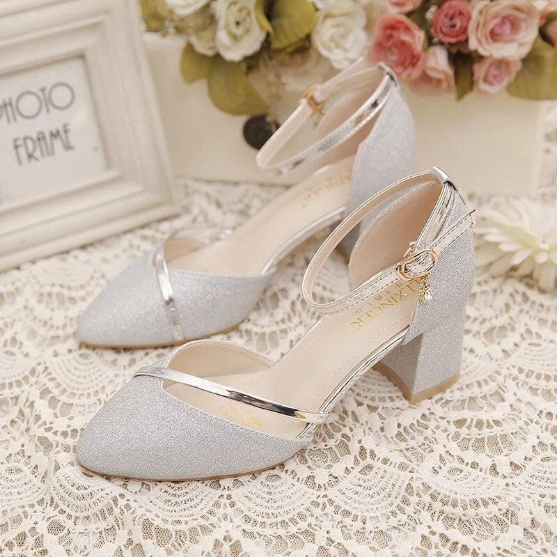 A18 Shiny Bling Bling Pu Solid Color Party Shoes Block High Heels Shoes Women Thin Heel Pumps ShoesSilver