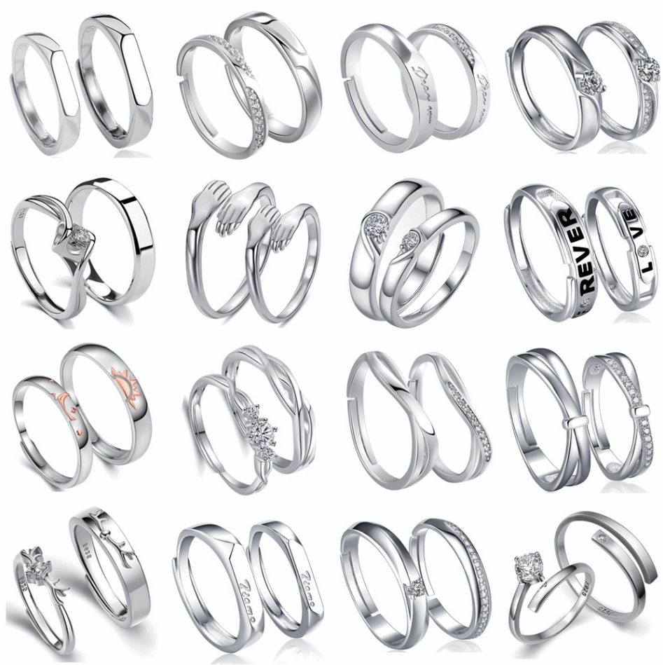 TL-095 925 Sterling Silver Couple Rings, Opening Adjustable Eternity Promise Engagement Wedding Statement Rings Simple Jewelry Gifts for Women Girls Men BFF