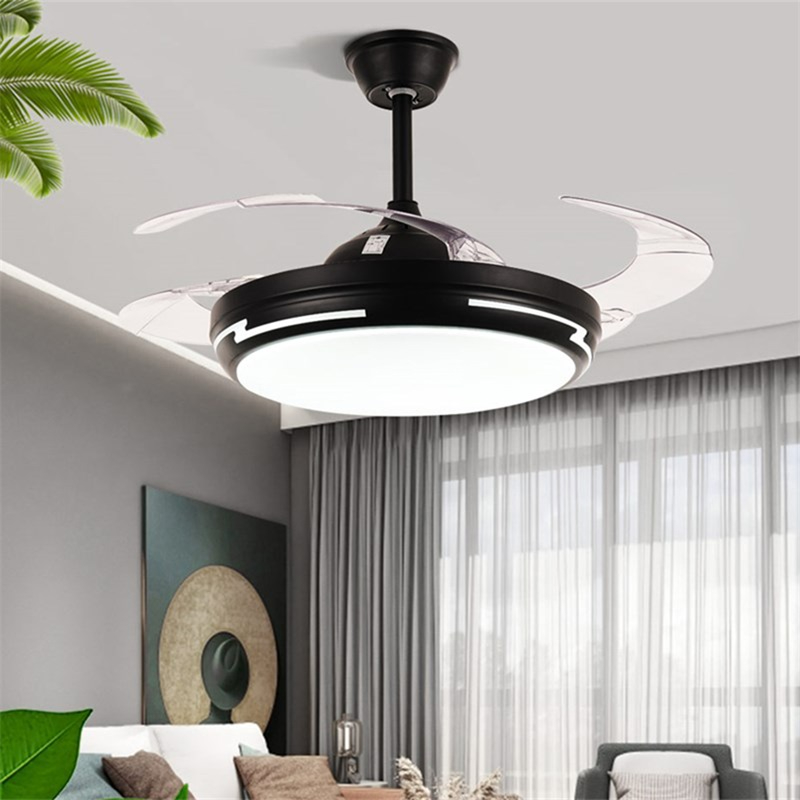 OUFULA Ceiling Fan Light Invisible Black Lamp With Remote Control Modern Simple LED For Home Living Room Bedroom