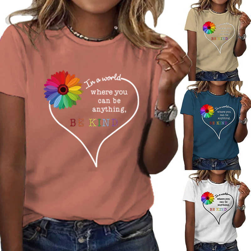 SKT046-A01 Women's Colorful Love Printing T-Shirt Casual Plus Size Pullover Summer Short Sleeve Loose Round Neck Top