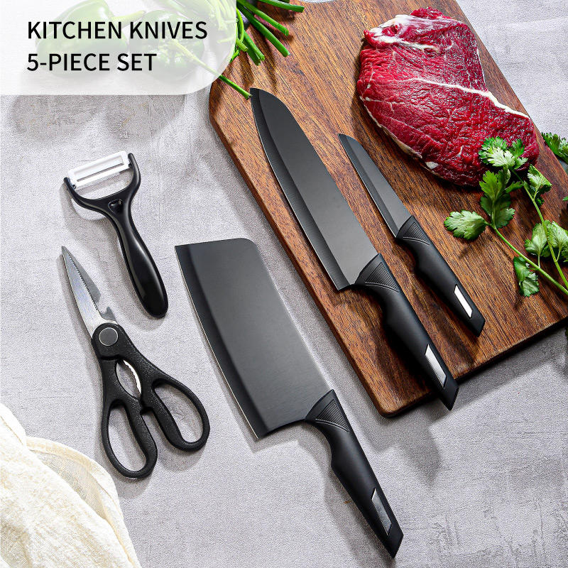 5 Pieces Kitchen Stainless Steel Knife Set, Silicone Cooking Utensils Set with Scissors and Vegetable Peeler